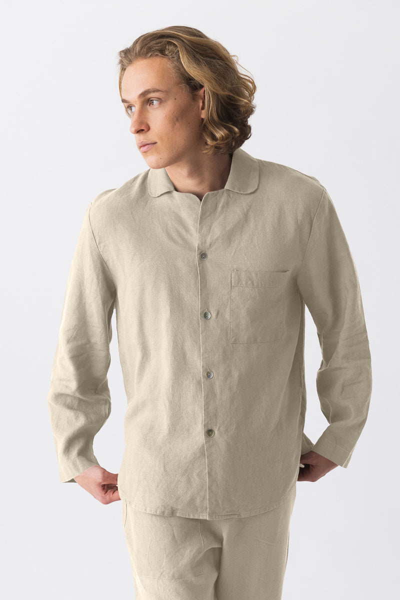 Haut de pyjama manches longues en lin beige naturel 