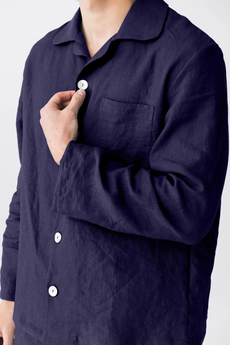 Veste de Pyjama en lin lavé pour homme Bleu nuit