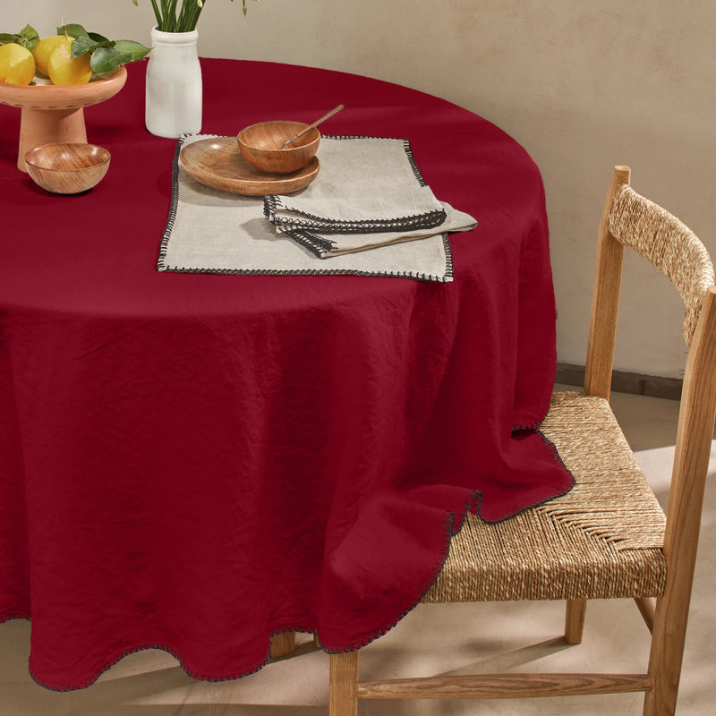 Nappe ronde en lin point de cheval bordeaux