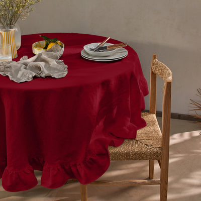 Nappe ronde sur mesure à volant en lin lavé bordeaux