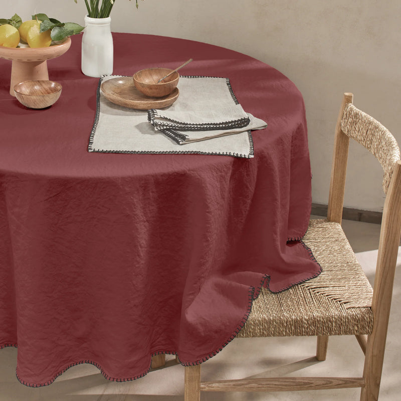Nappe ronde en lin point de cheval brique