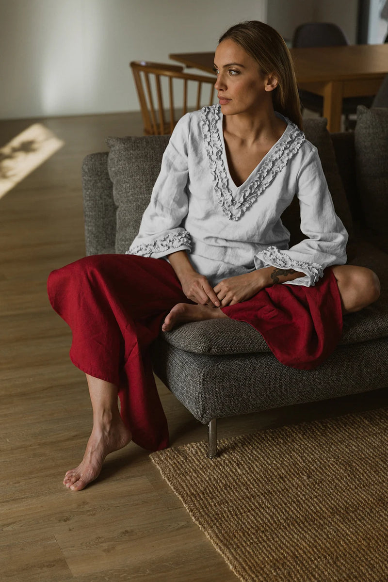 Robe de nuit courte en lin à mini volants Gris Minéral