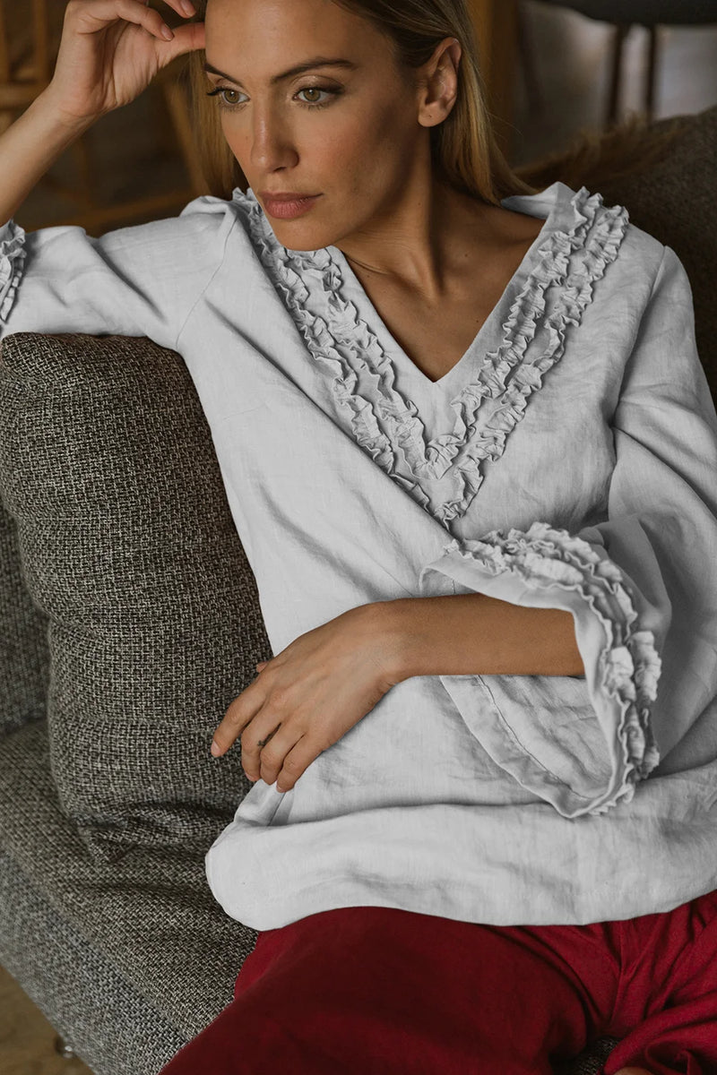 Robe de nuit courte en lin lavé à mini volants gris minéral