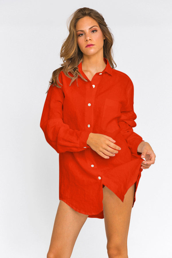 Chemise en lin style masculin "Eva" Corail 