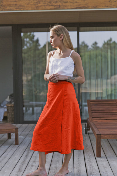 Longue jupe en lin français Corail #colour_corail
