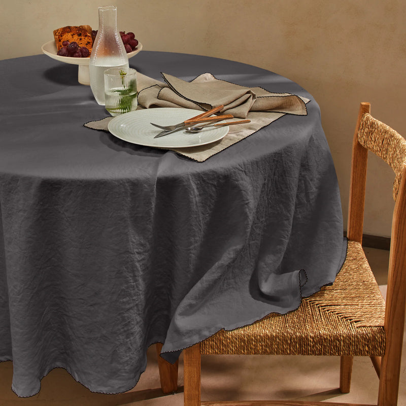Nappe ronde en lin bord crochet gris plomb