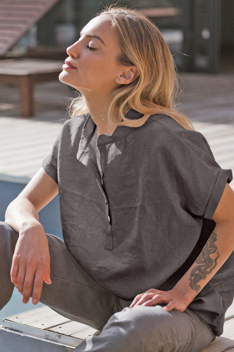chemisier en lin lavé manches courtes Gris Plomb 