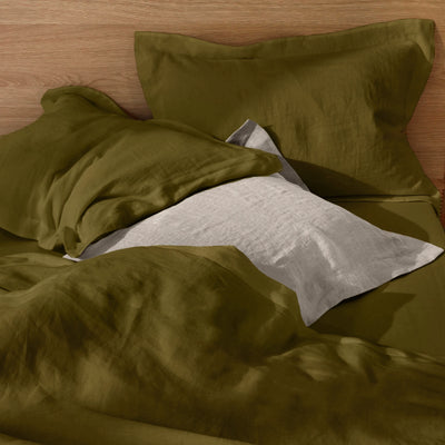 Taies d'oreiller 100% lin naturel à volants plats vert olive