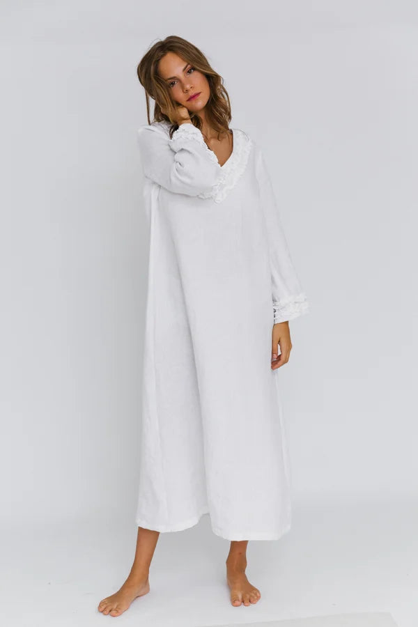 Longue Robe de nuit en lin lavé à mini volants Blanc 11 