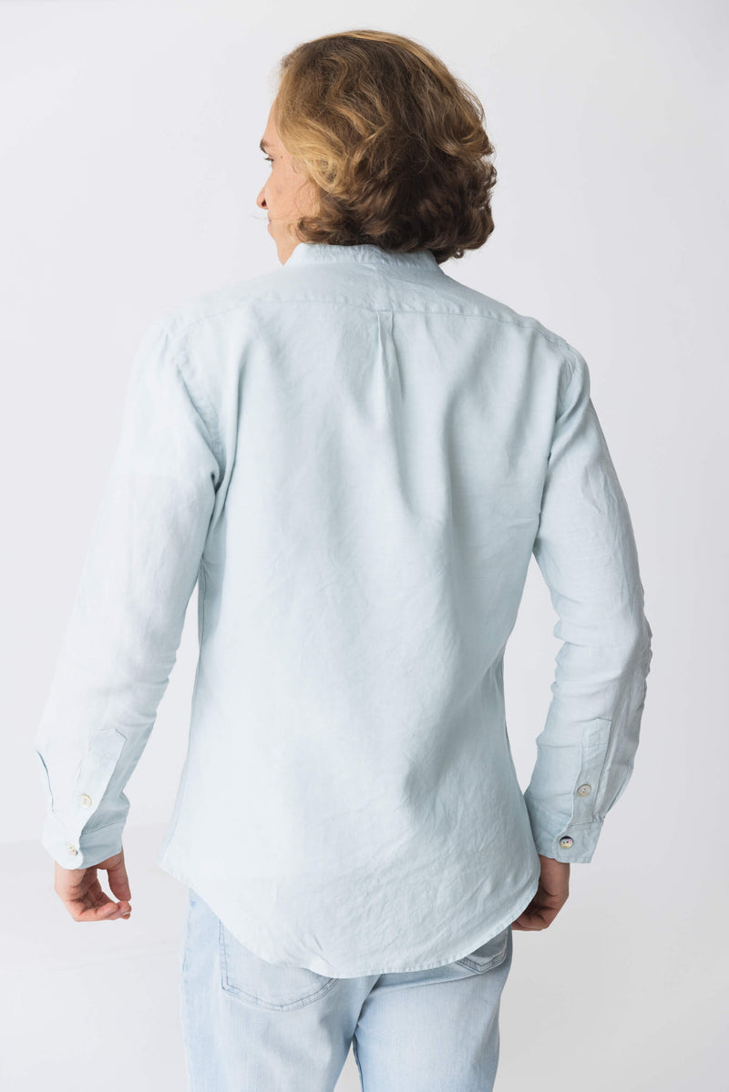 Chemise col mao en lin “Natanael” bleu-glacier 6 