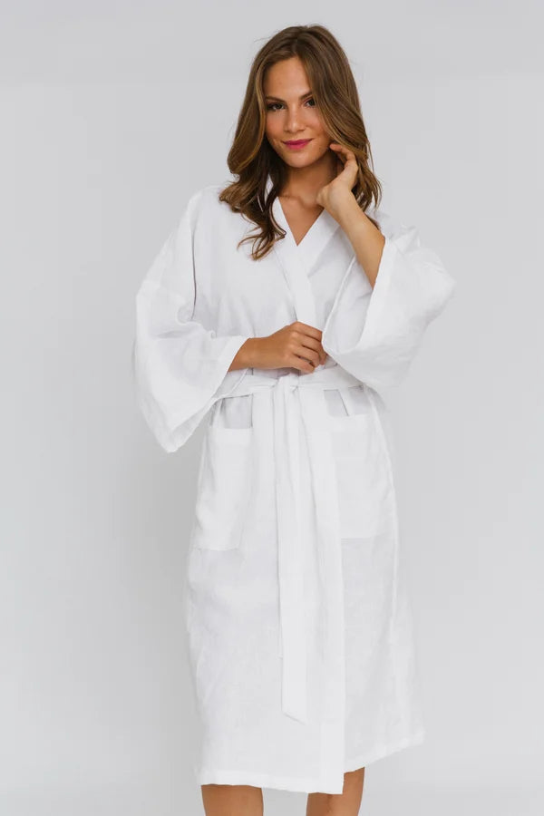 Peignoir long en lin style Kimono Blanc 6 