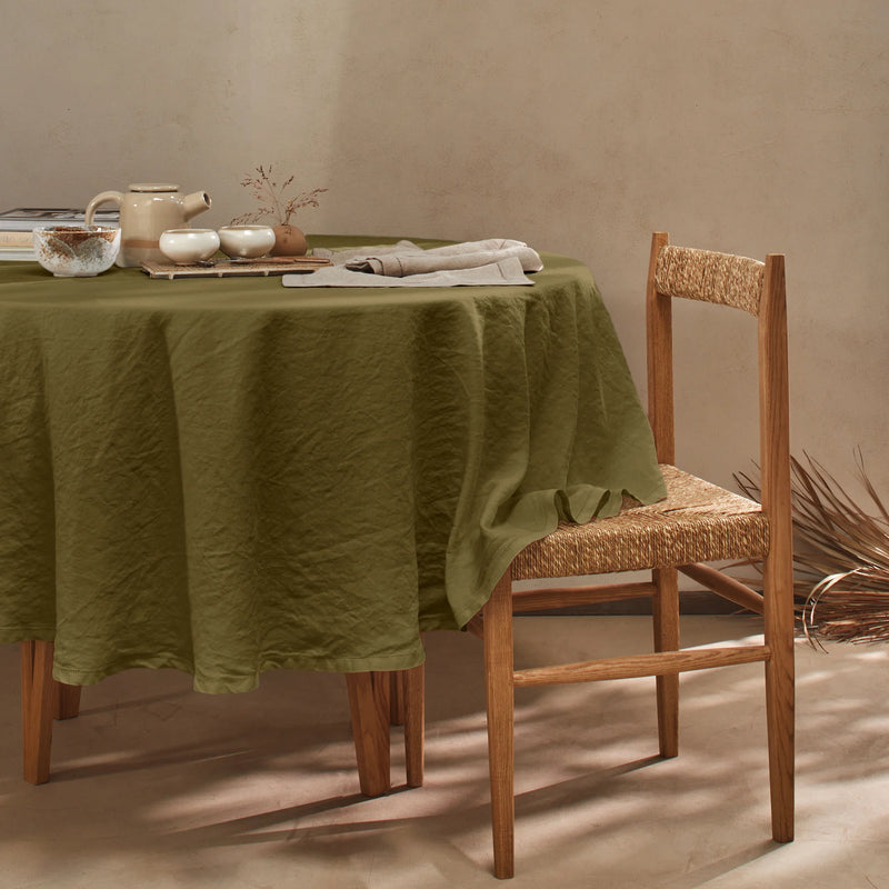 Nappe ronde en lin lavé ajouré vert olive