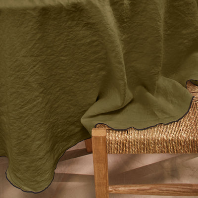Nappe ronde point "Bourdon" en lin vert olive