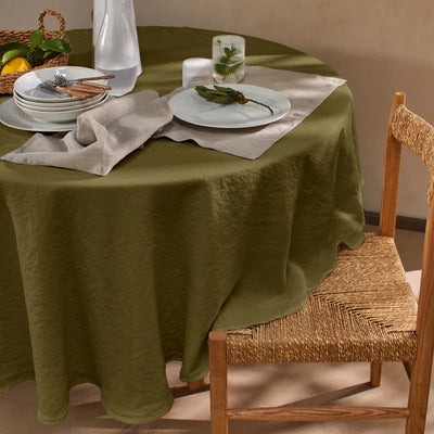 Nappe en lin lavé ronde sur mesure vert olive