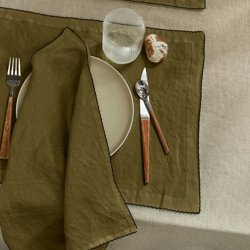 sets de table crochetés en lin lavé vert olive