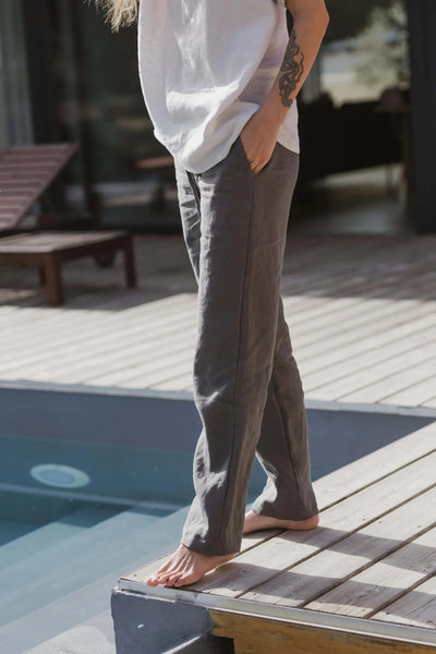 Pantalon décontracté 100% lin lavé pour femme 2#colour_gris-plomb