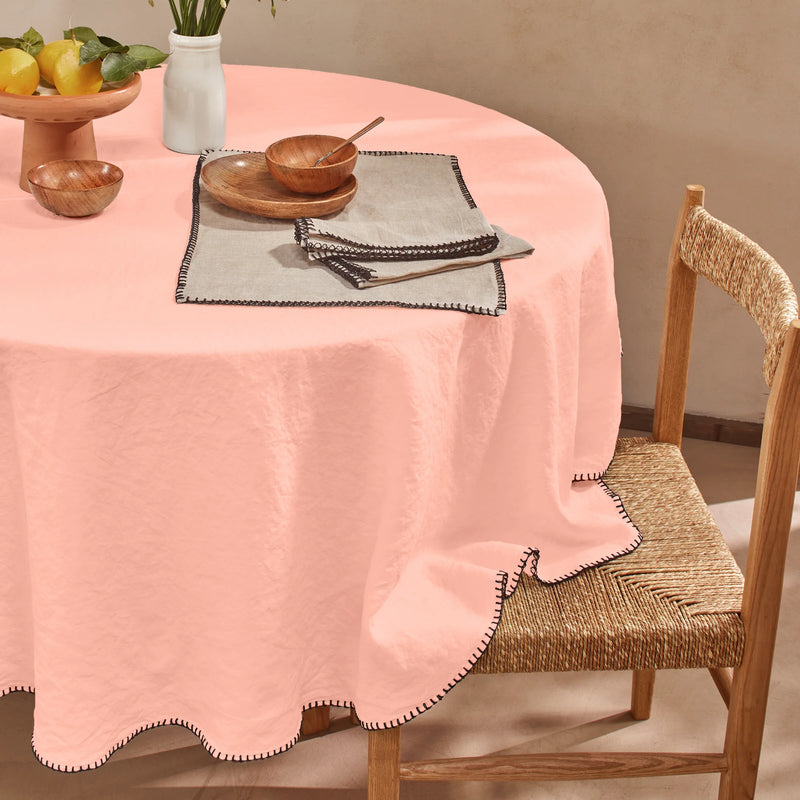 Nappe ronde en lin point de cheval rose
