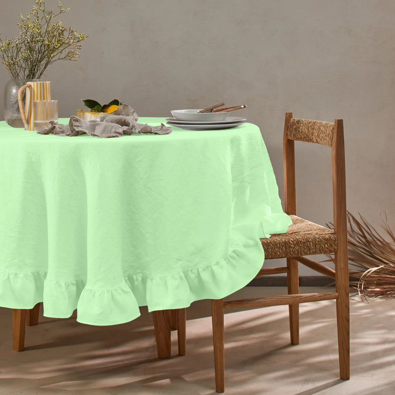 Nappe ronde en lin lavé à volant vert menthe