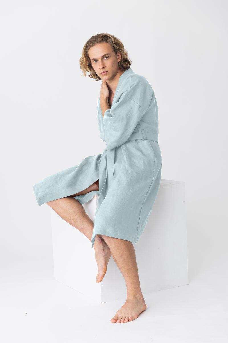 Peignoir long en lin, style kimono “Nelson” Bleu Glacier 