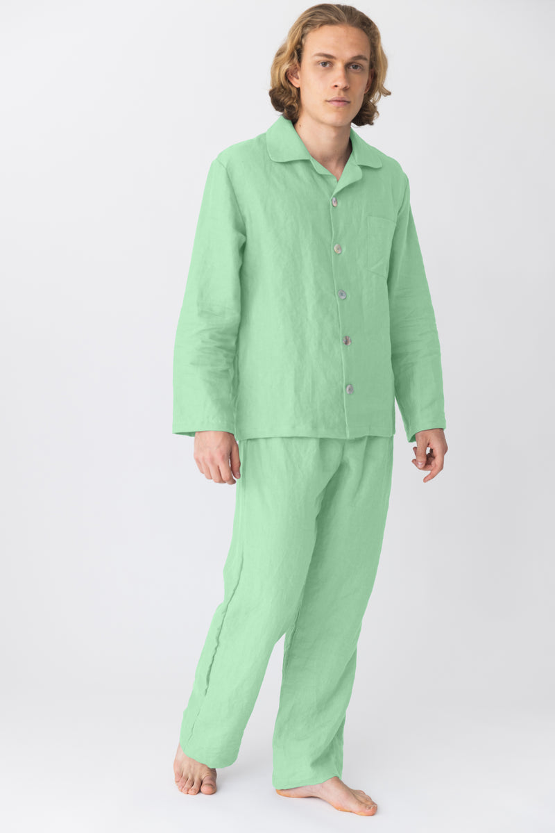 Pyjama long homme en lin lavé Vert Menthe 