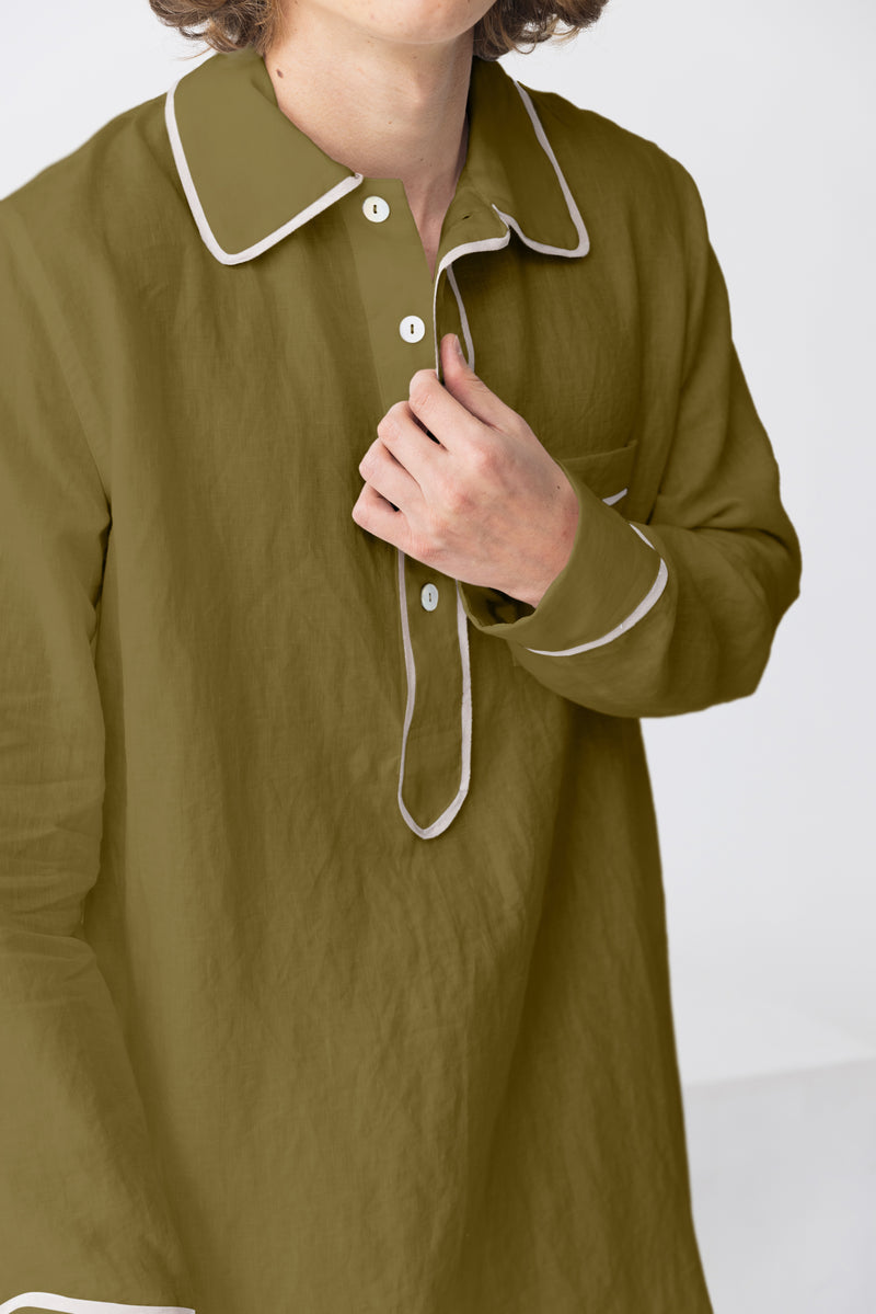 Chemise de nuit lin lavé homme Olive Verte 